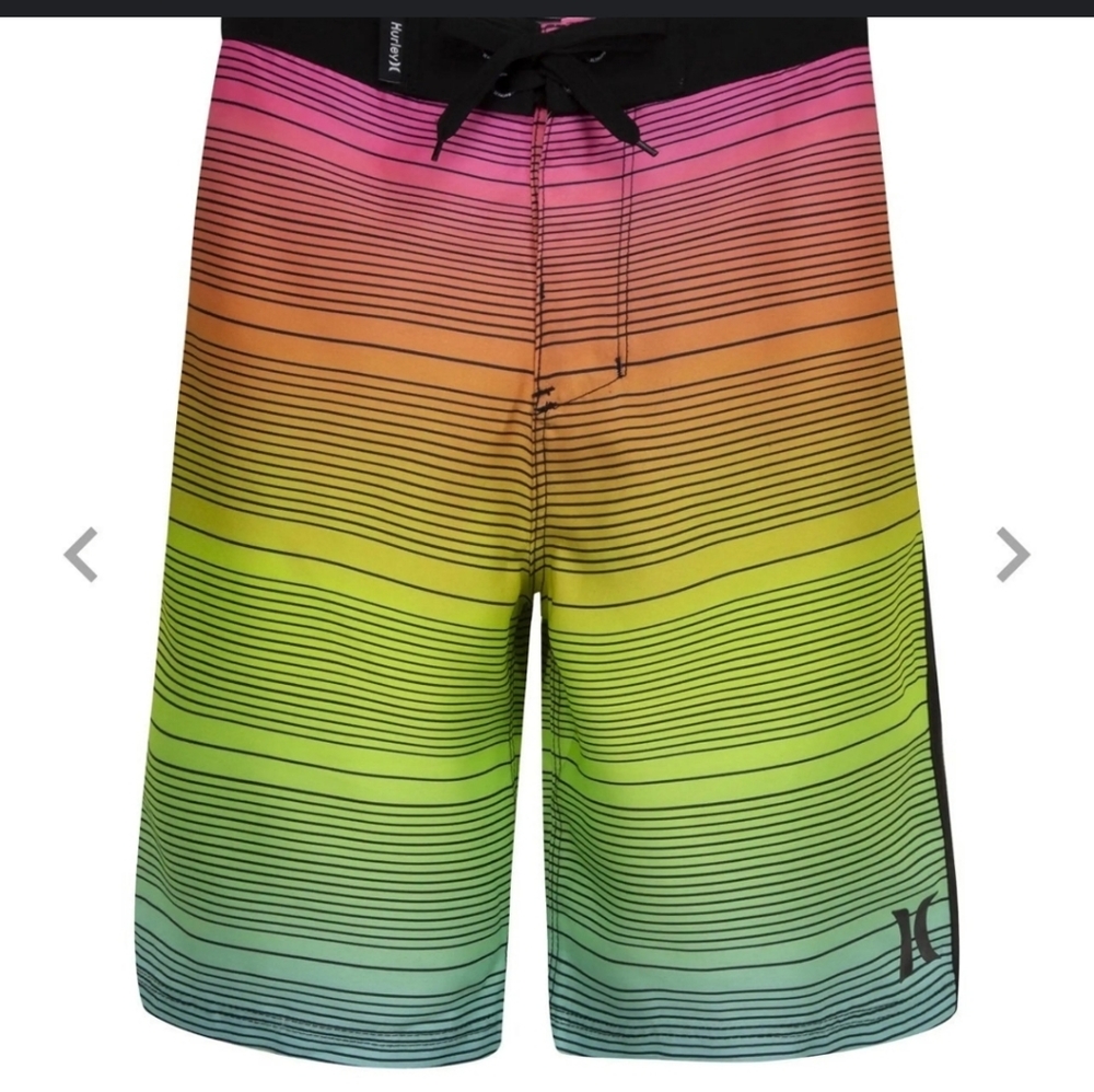 Hurley boys swim board shorts neon tropical sunrise stripes colorful size 4